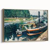 Framed canvas featuring a vintage landscape painting by Camille Pissarro in muted earth tones, ideal for bedroom wall art.