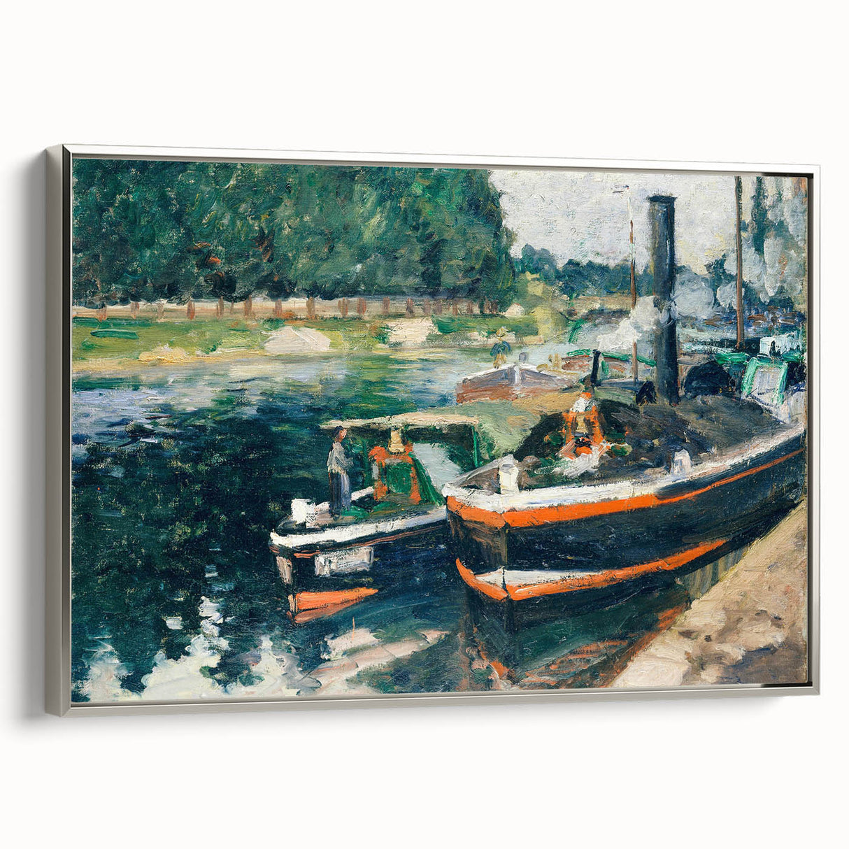 Framed canvas featuring a vintage landscape art painting with colorful trees and a black background.