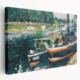 Side view of a stretched canvas featuring Camille Pissarro's impressionist artwork in soft earth tones.