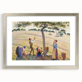 Textured abstract art print of a serene landscape in soft green and blue hues, framed in silver, ideal for bedroom decor.