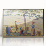 Large art print of a Camille Pissarro painting in a gold frame, featuring muted earth tones, ideal for nursery wall art.