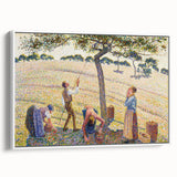 Framed canvas of a vintage poster featuring a colorful Camille Pissarro painting, ideal for living room decor.