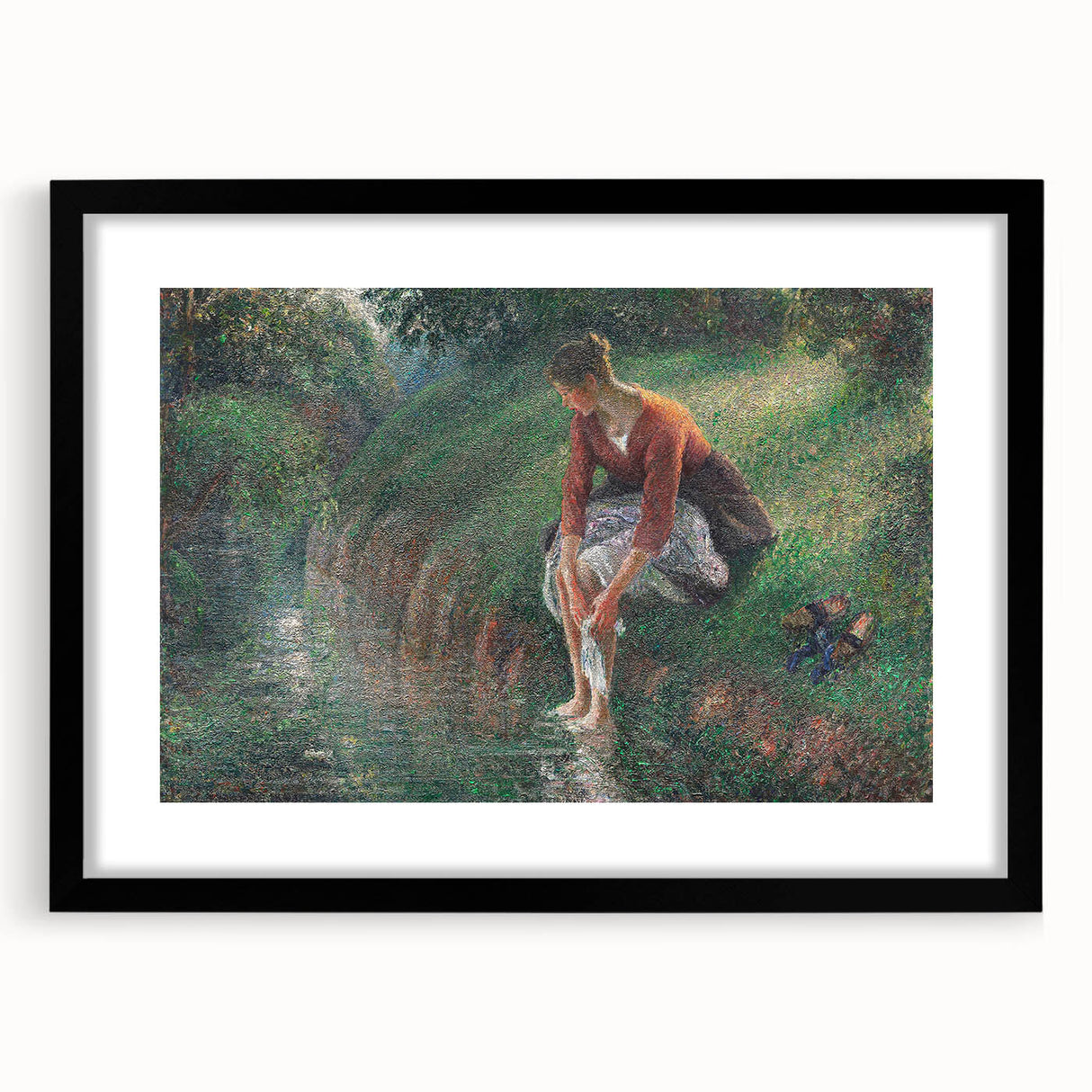 Colorful abstract art print featuring textured brush strokes in vibrant hues, displayed in a black frame with mat.