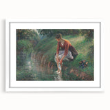 Abstract art print of a vibrant, multicolored landscape on a white-framed canvas, suitable for bedroom or dining room decor.