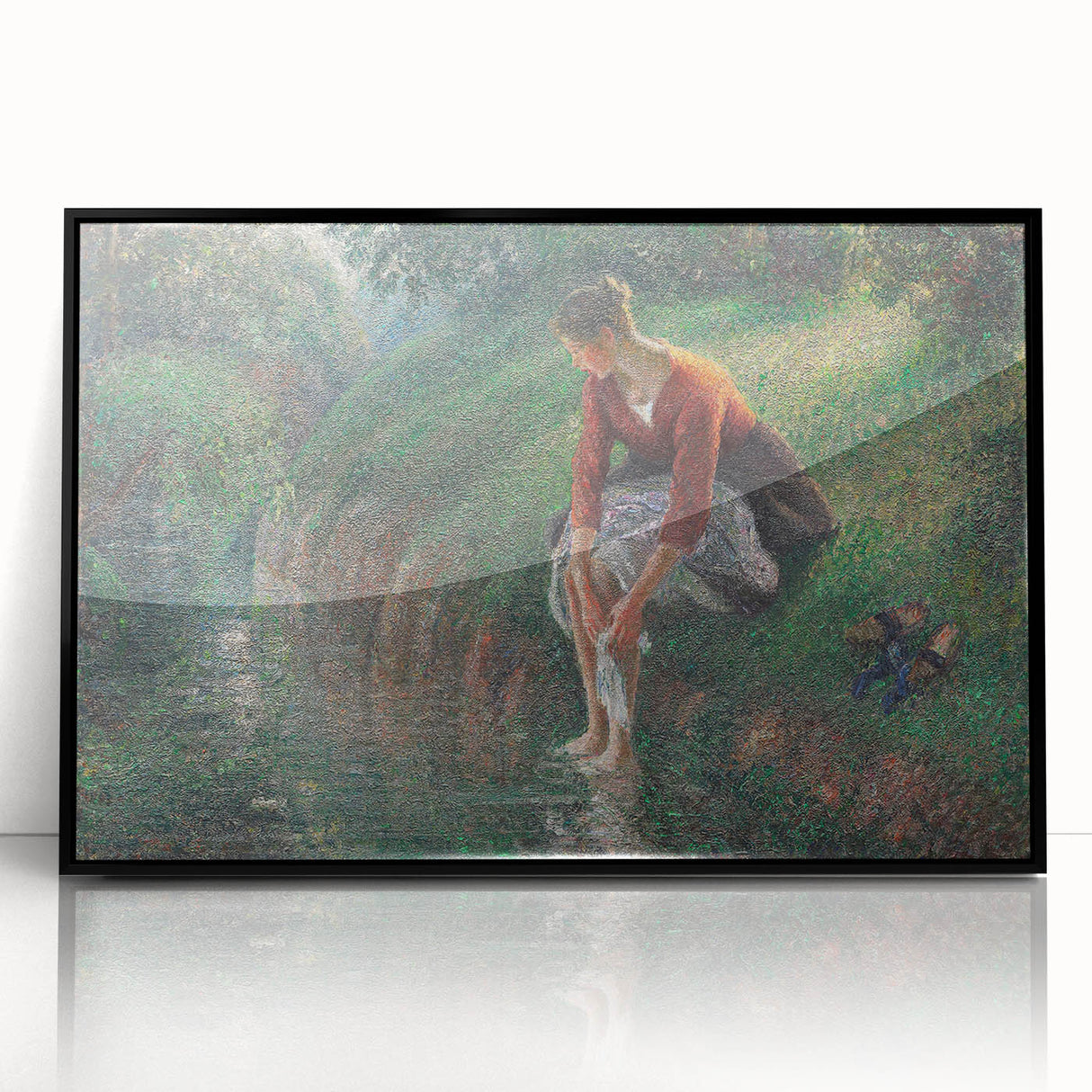 Large abstract wall art by Camille Pissarro in mid-century modernist style, featuring vibrant colors on black framed acrylic.