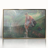 Large art print of a Camille Pissarro painting in a gold frame, featuring soft pastel colors, ideal for nursery wall art.