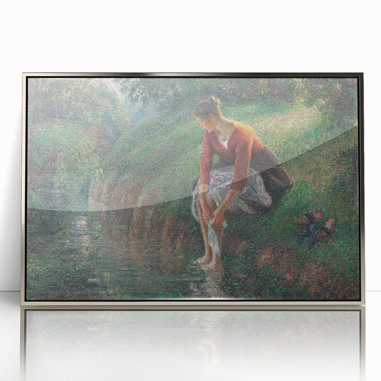 Mid-century modernist art featuring a Camille Pissarro-inspired landscape in muted greens and blues, framed acrylic.