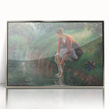 Mid-century modernist art featuring a Camille Pissarro-inspired landscape in muted greens and blues, framed acrylic.