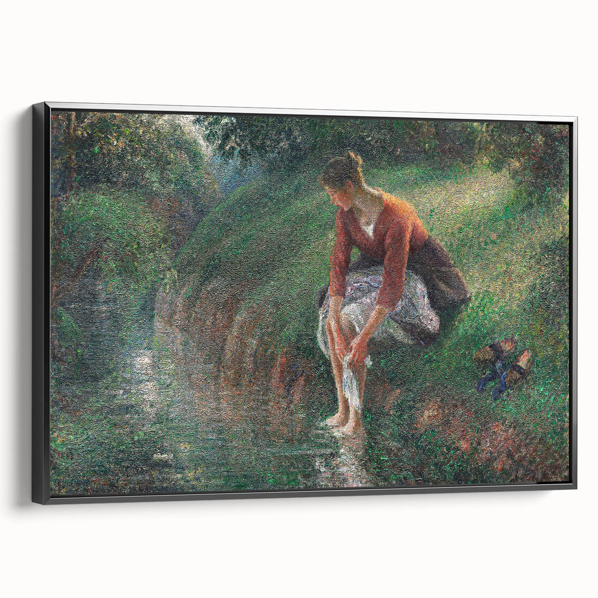 Black and white landscape art painting of a rural scene on framed canvas, suitable for bedroom wall decor.