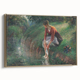 Framed canvas featuring a vintage landscape painting by Camille Pissarro, with muted earth tones, ideal for bedroom wall art.