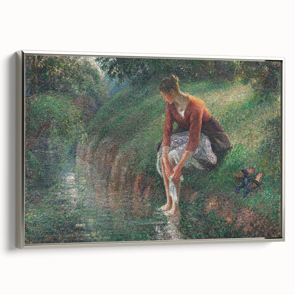 Colorful landscape art painting featuring a rural scene, displayed on a silver-framed canvas, ideal for living room decor.