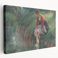 Side view of a Camille Pissarro-inspired stretched canvas featuring impressionistic rural landscape in soft earth tones.