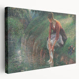 Side view of a Camille Pissarro-inspired stretched canvas featuring impressionistic rural landscape in soft earth tones.