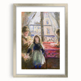 Textured art print of Camille Pissarro's design in muted earth tones, framed in silver, ideal for bedroom art.