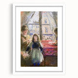 Abstract art print of a Camille Pissarro design in muted earth tones, framed in white.