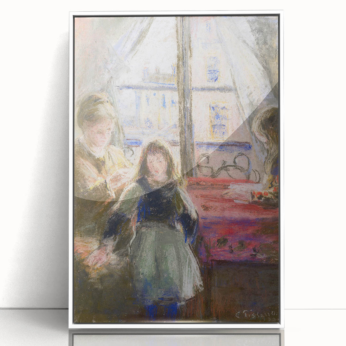 Art deco poster featuring a Camille Pissarro painting in pastel shades, framed in white acrylic, ideal for nursery wall art.