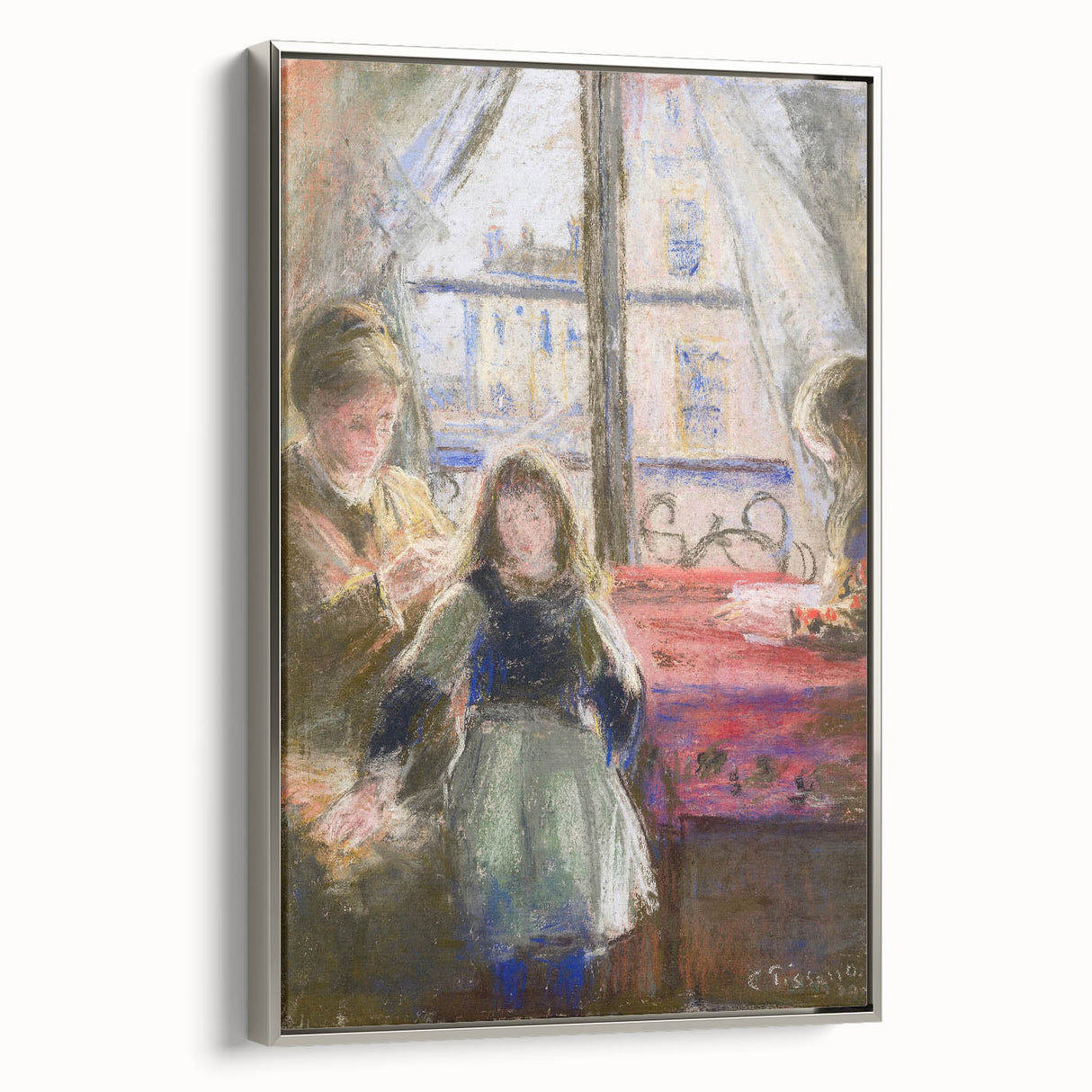 Landscape art painting by Camille Pissarro, featuring colorful rural scene, framed canvas in silver.