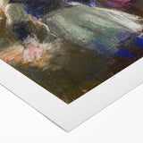 Art deco poster featuring a Camille Pissarro painting on rolled canvas, displaying soft earth tones.