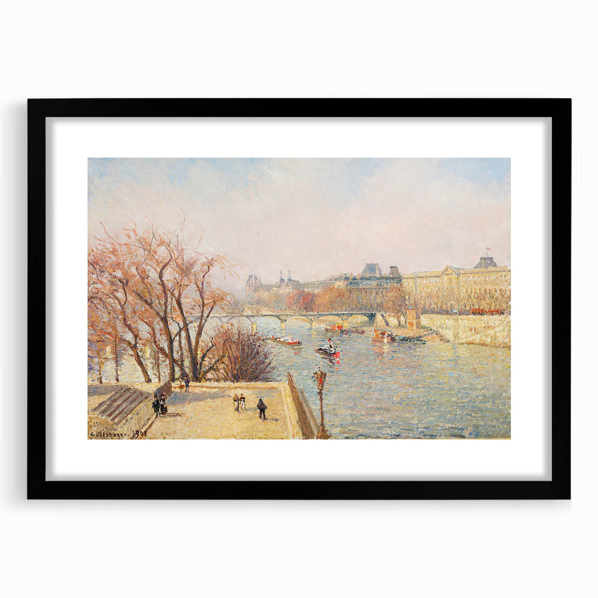 Extra large, colorful abstract art print of a textured scene, in a black frame with mat, ideal for living room decor.