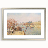 Textured art print of an abstract Camille Pissarro design in muted tones on a silver-framed canvas, ideal for bedroom art.