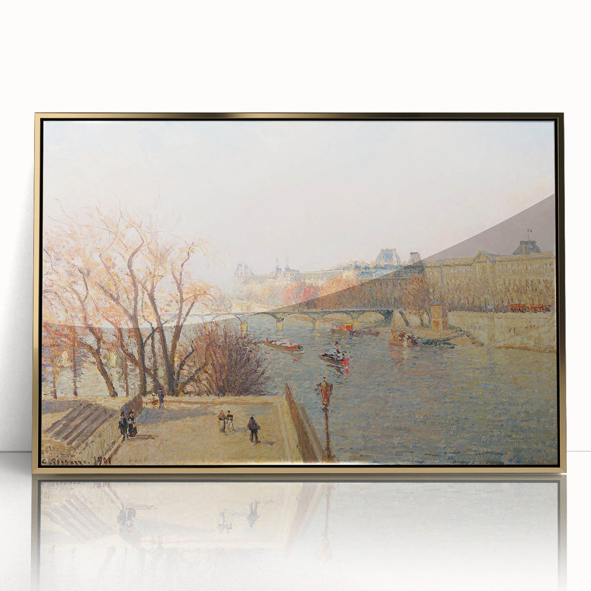 Large art print of a Camille Pissarro impressionist painting in gold frame, ideal for modern nursery wall art.