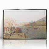 Mid-century modernist style acrylic print of a Camille Pissarro painting, with muted earth tones, framed in silver.