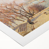 Art deco poster featuring a Camille Pissarro-inspired cityscape in muted earth tones on rolled canvas.