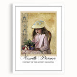 Abstract art print of a Camille Pissarro-inspired landscape in muted greens and blues, framed in white.