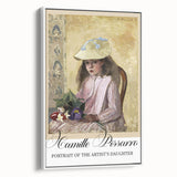 Vintage poster art featuring a Camille Pissarro design on a white framed canvas, ideal for colorful living room decor.