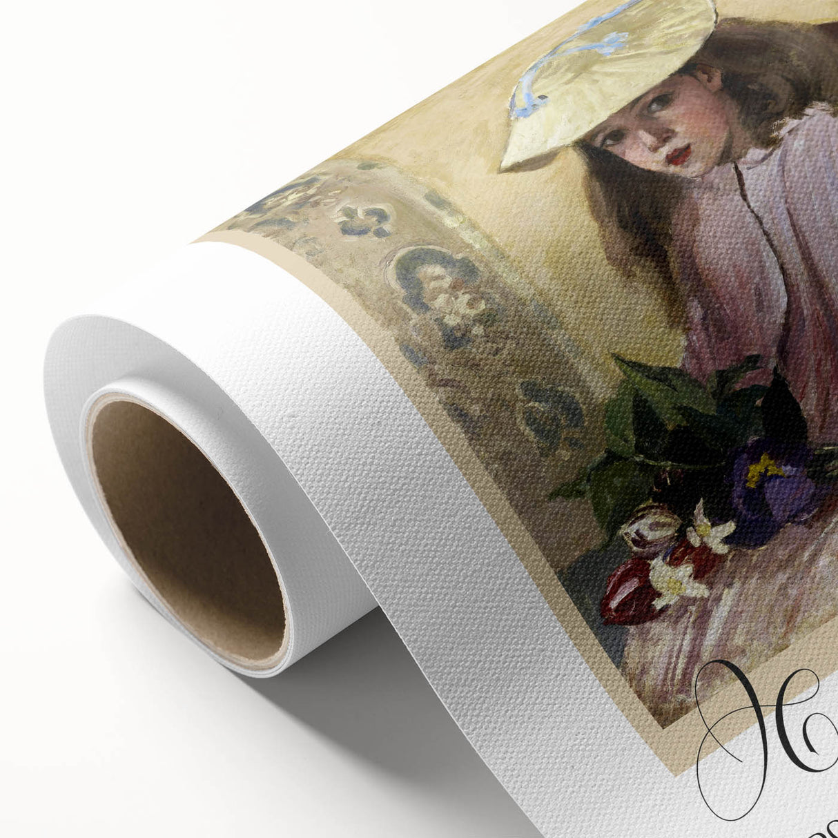 Art deco poster of a serene landscape in soft green and blue tones on rolled canvas.