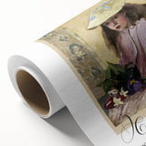 Art deco poster of a serene landscape in soft green and blue tones on rolled canvas.