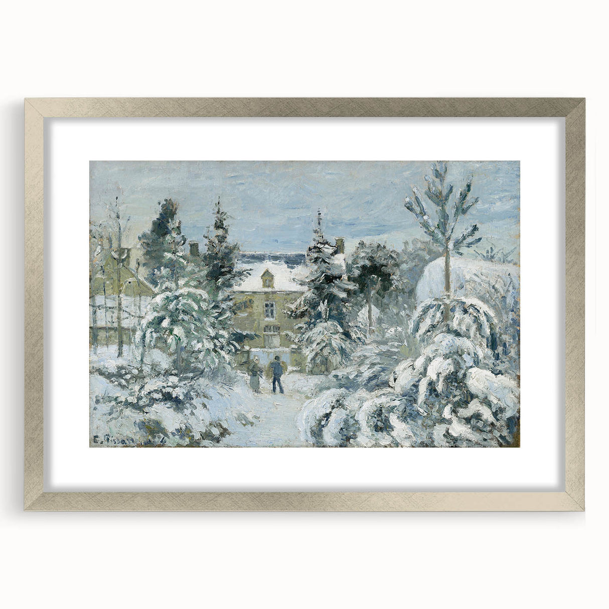 Textured art print of an abstract cityscape in muted gray and silver tones on a framed canvas, suitable for bedroom ambiance.