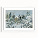 Abstract art print depicting a Camille Pissarro inspired landscape in muted earth tones, framed with a white mat.