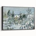 Black and white framed canvas of a Camille Pissarro landscape painting in vintage poster style, ideal for bedroom decor.