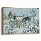Framed canvas featuring a vintage-style landscape painting by Camille Pissarro, using muted earth tones.