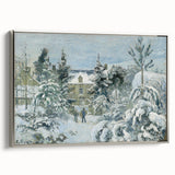 Landscape art painting by Camille Pissarro, featuring a rural scene in vibrant colors, framed in silver.
