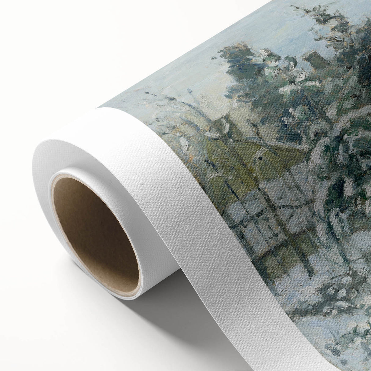 Art Deco poster of a tranquil landscape in soft green and blue hues on rolled canvas, ideal for nursery wall art.