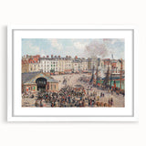 Abstract art print of a colorful, impressionistic landscape on white-framed canvas.