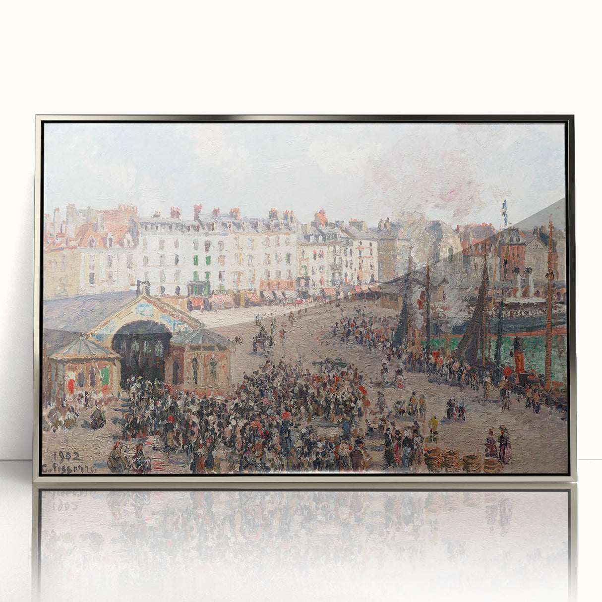 Mid-century modernist art featuring a Camille Pissarro-inspired landscape in muted earth tones, silver-framed acrylic.