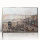 Mid-century modernist art featuring a Camille Pissarro-inspired landscape in muted earth tones, silver-framed acrylic.
