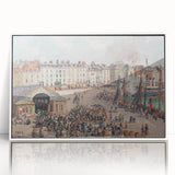 Art deco poster of an abstract cityscape in muted blue tones, framed acrylic, ideal for modern nursery wall decor.