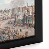 Close-up of extra large framed canvas featuring textured, colorful art by Camille Pissarro with black accents.