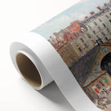 Art deco poster featuring a serene landscape scene with soft green and beige tones on rolled canvas.