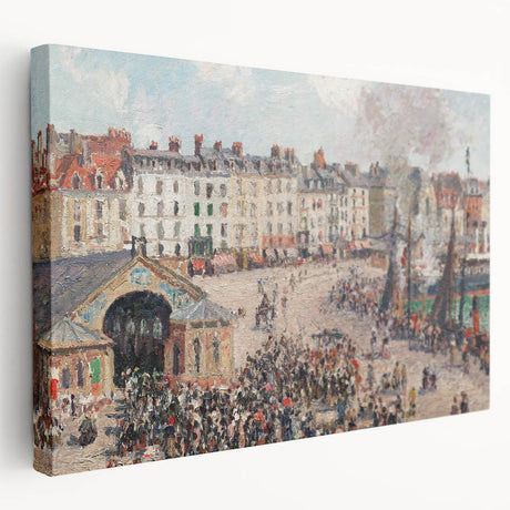 Side view of a Camille Pissarro inspired stretched canvas depicting a rural landscape in soft earth tones.