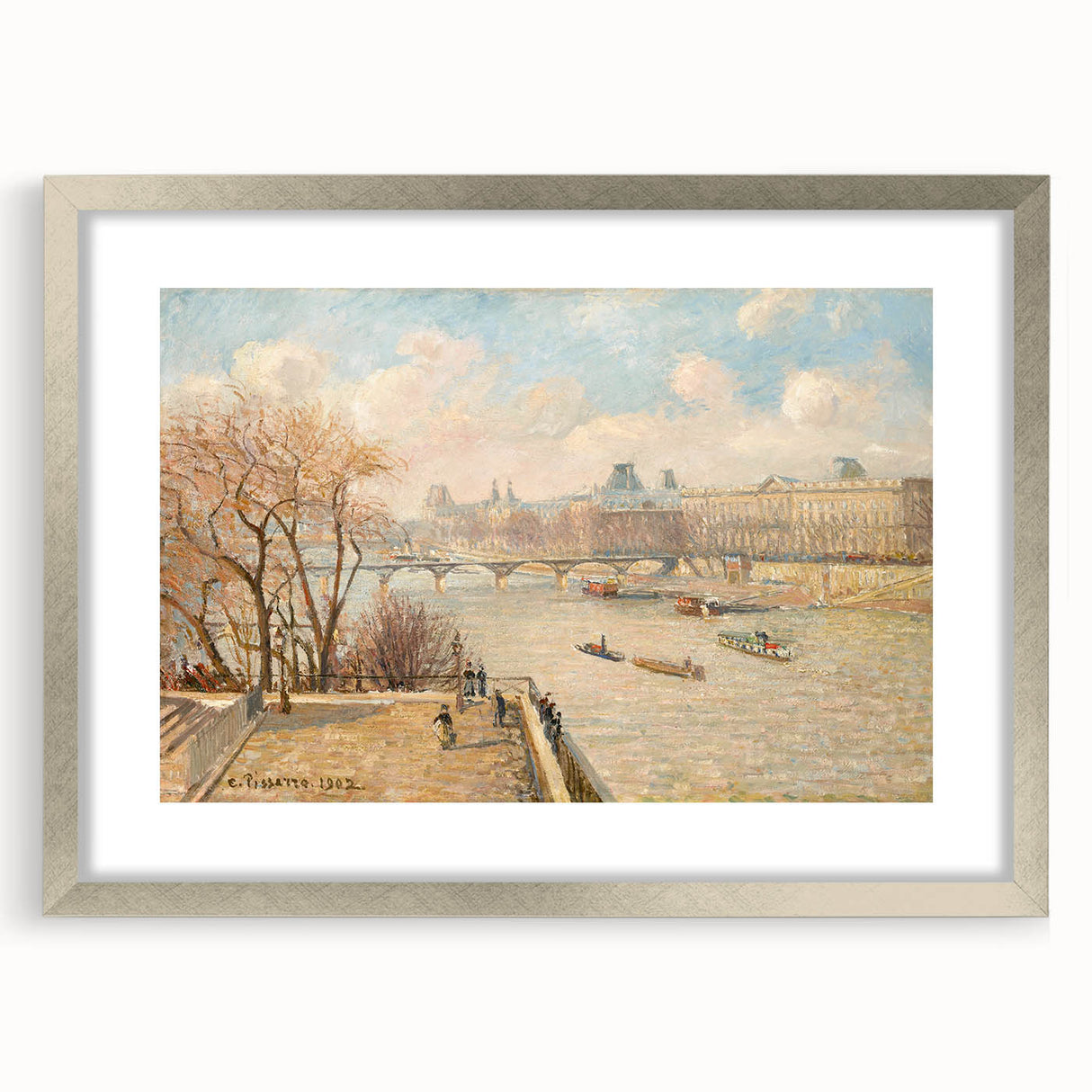 Textured abstract art print of a rural landscape in soft green and brown tones, framed in silver, ideal for bedroom art.
