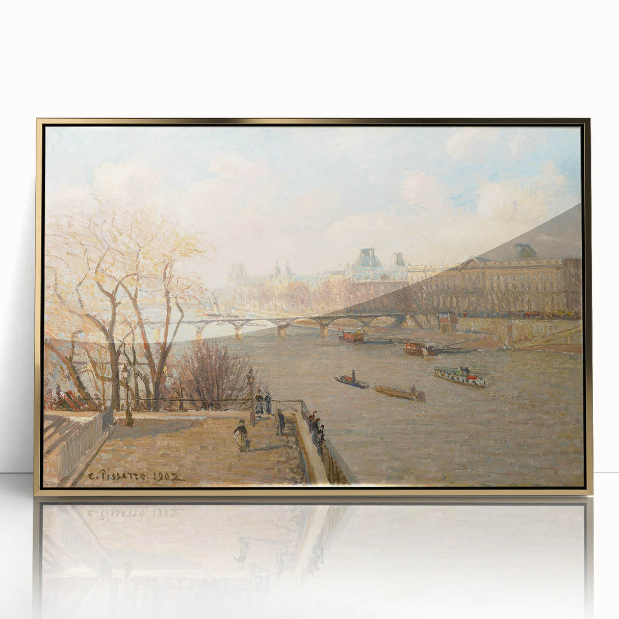 Large art print of Camille Pissarro's impressionist painting in a gold frame, ideal for modern nursery wall art.