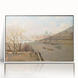 Art deco poster featuring Camille Pissarro's impressionist painting in muted earth tones, framed in white acrylic.