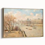 Framed canvas of a Camille Pissarro landscape painting in muted earth tones, ideal for bedroom wall art.