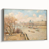 Framed canvas of a Camille Pissarro landscape painting featuring colorful art in vintage poster style.