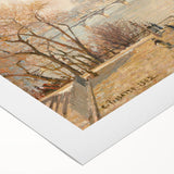 Art deco poster featuring a Camille Pissarro-inspired landscape in muted green and brown tones on rolled canvas.